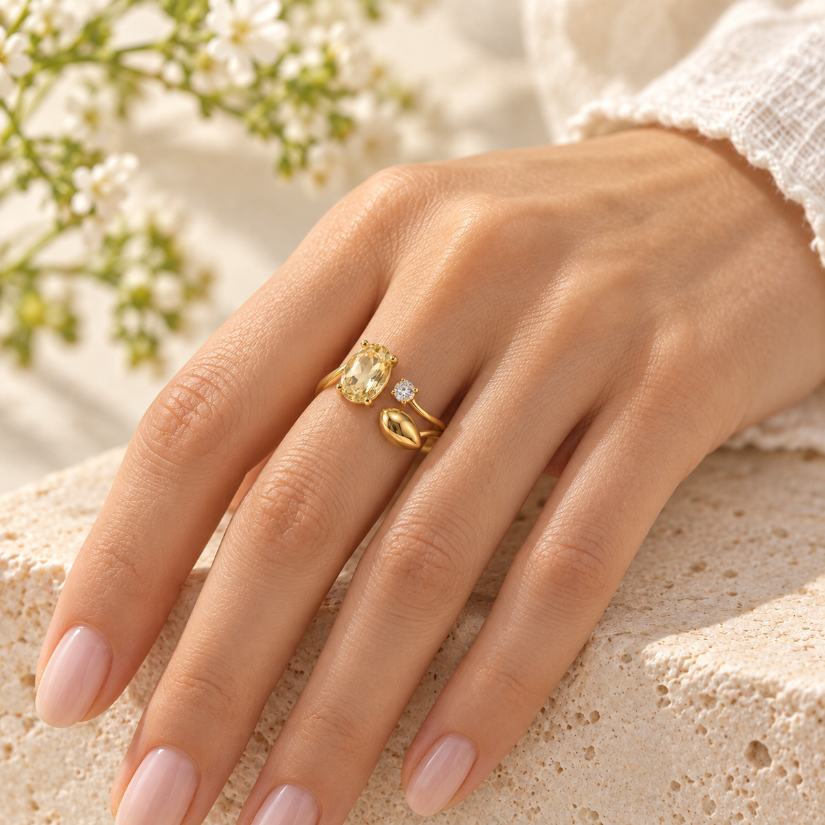 VARUNIQOK® Orivane Sunseed Ring worn styling view